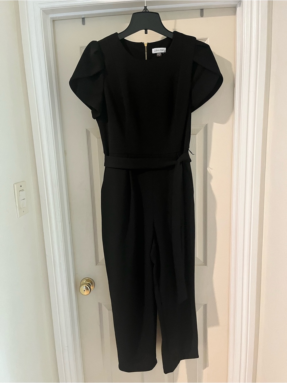 Calvin Klein Black Puff-Sleeve Belted Jumpsuit size 12